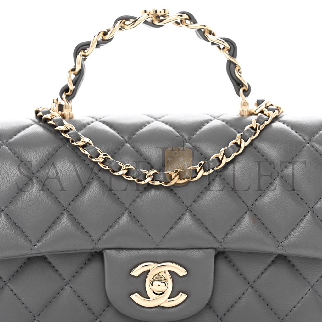 CHANEL LAMBSKIN QUILTED MINI CHAIN TOP HANDLE RECTANGULAR FLAP GREY AS2431 (20*12*6cm)